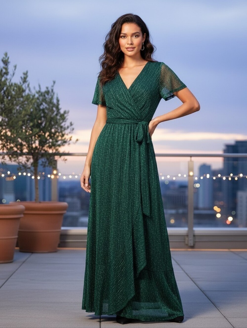 Nicole Miller Teal Green Metallic Sparkly Ruffle Midi Dress Size 4 Shimmering